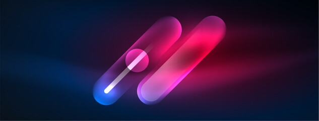 Abstract design pulsates with neon glowing light effects, casting an entrancing glow in the darkness, captivating the eye with its vibrant energy. Glass circles neon glowing light effects