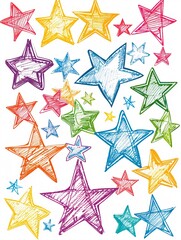 Fototapeta premium A selection of bright hand-drawn star symbols in a variety of vivid hues, ideal for artistic projects and embellishments.
