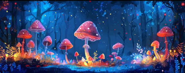 A mystical fairy ring with glowing mushrooms and dancing woodland creatures. Vector flat minimalistic isolated