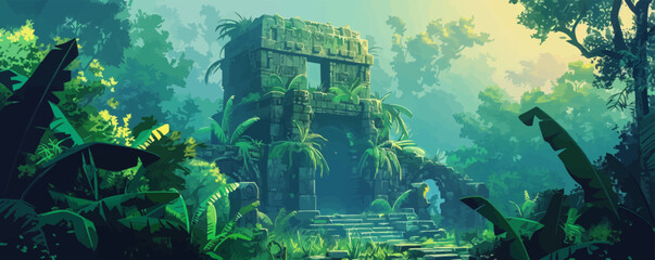 Ancient mystical ruins surrounded by lush jungle Vector flat minimalistic isolated