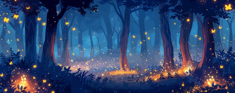Enchanted forest glade with glowing fireflies Vector flat minimalistic isolated illustration
