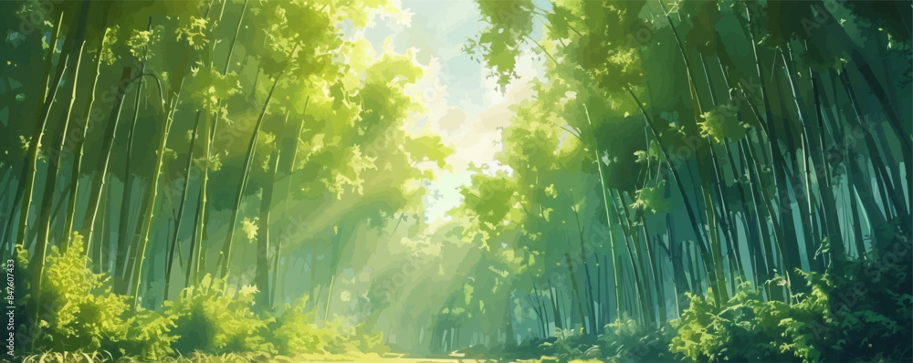 Poster a tranquil bamboo forest with sunlight filtering through the canopy. vector flat minimalistic isolat