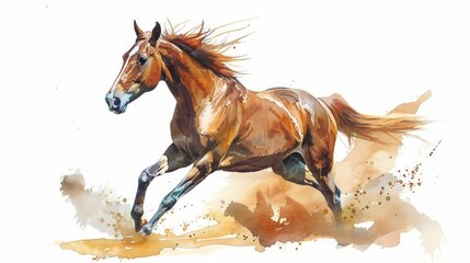 A majestic horse in watercolor clipart, trotting on a white background