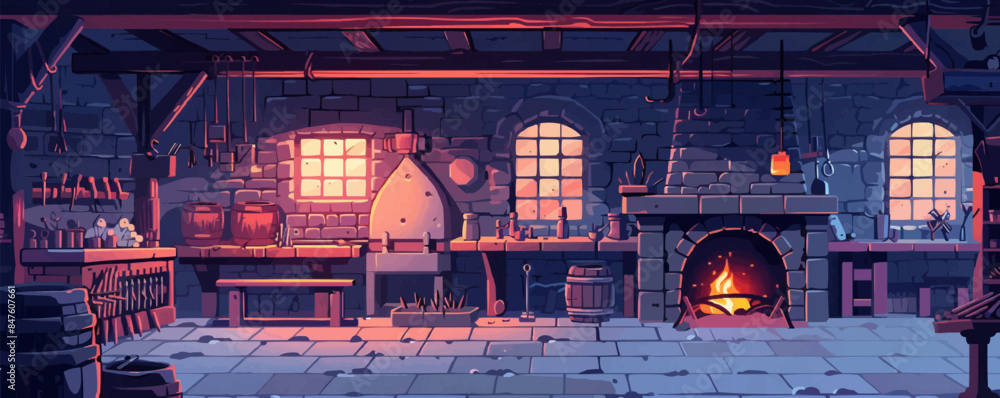 Poster medieval blacksmith workshop with anvils and tools vector flat minimalistic isolated illustration
