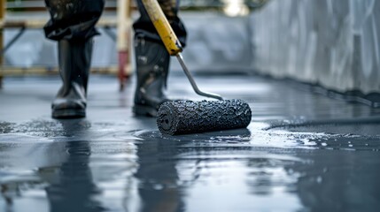 Detailed view of waterproofing a gray floor, paint roller in action, repairing the deck, focused and clean application process
