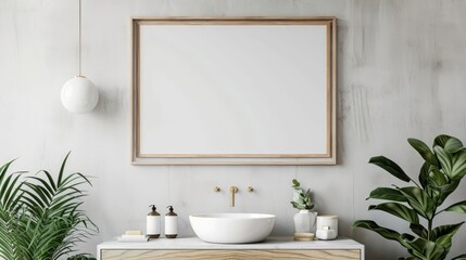 A minimalist bathroom with a mockup frame adding a touch of art above the vanity