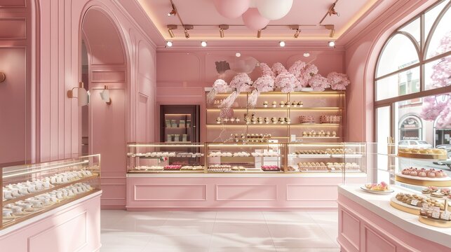 Elegant bakery shop design, featuring pastel pink walls, exquisite confectionery displays, and a warm, welcoming atmosphere