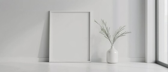 A minimalist hallway adorned with a mockup frame placed against a smooth white surface