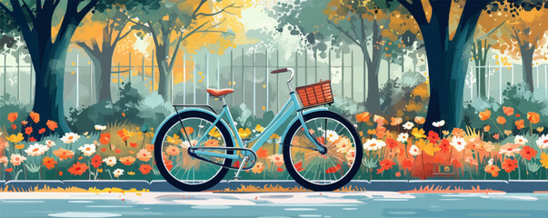 Obraz premium Modern bicycle parked near a flower-filled park. Vector flat minimalistic isolated illustration