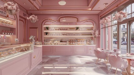 Cozy bakery shop interior, decorated in soft pastel pink hues, elegant confectionery displays, warm and inviting atmosphere