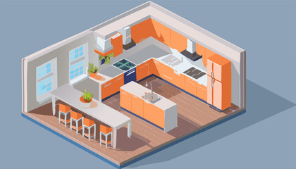 Modern cutaway interior Living room interior or badroom in isometric view vector illustration