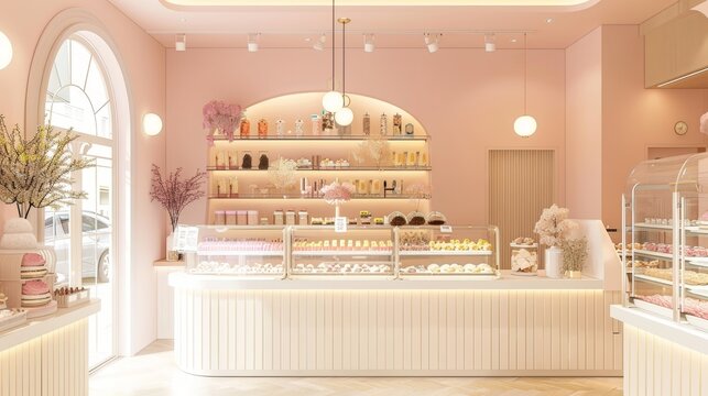 Cozy bakery shop interior, decorated in soft pastel pink hues, elegant confectionery displays, warm and inviting atmosphere