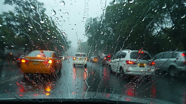 Close-up of windshield during heavy rain, poor visibility with raindrops and streaks, intense rainstorm atmosphere