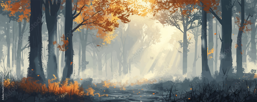 Poster a mystical forest path winding through ancient trees and ferns. vector flat minimalistic isolated il