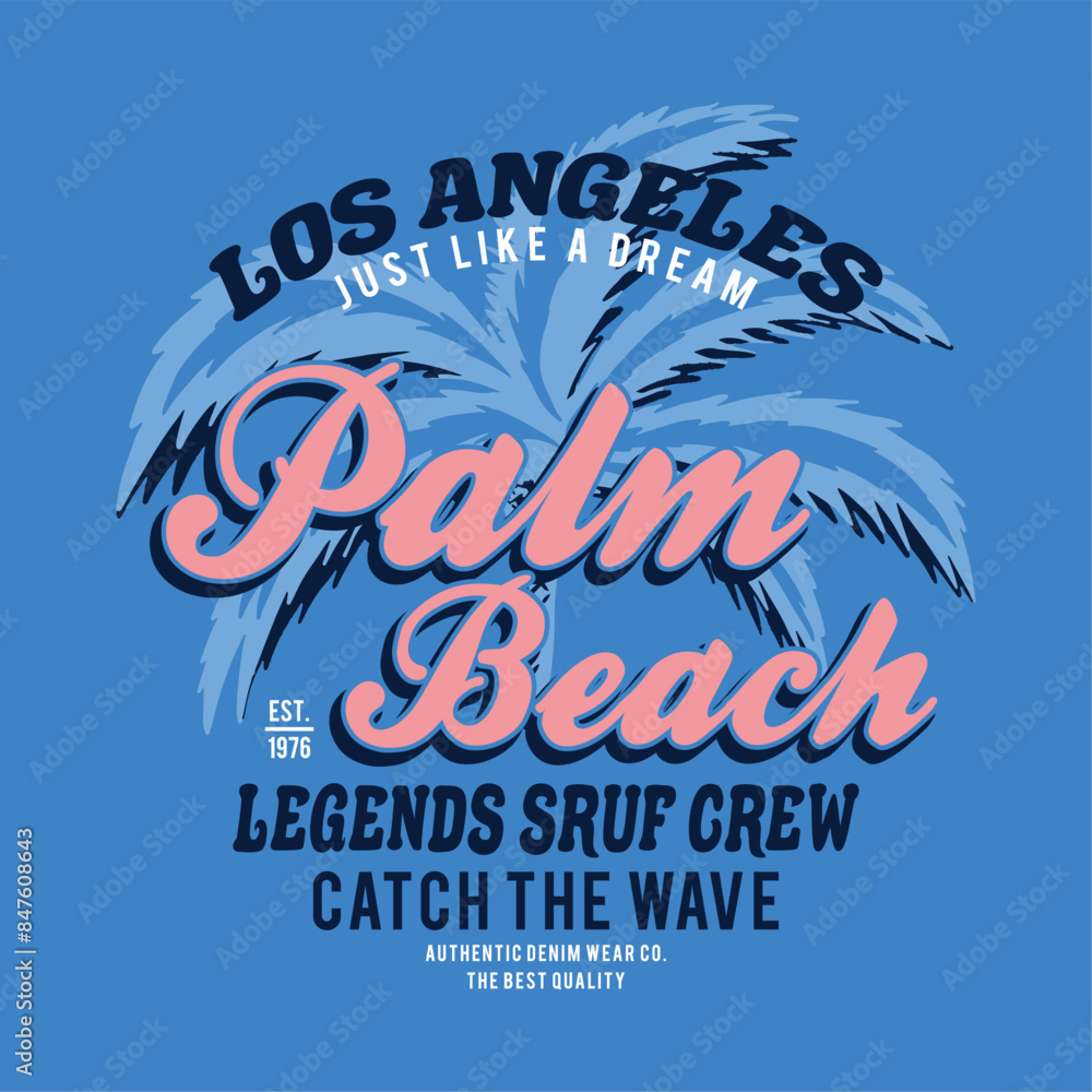 Poster tee print design with palm drawing and typo as vector