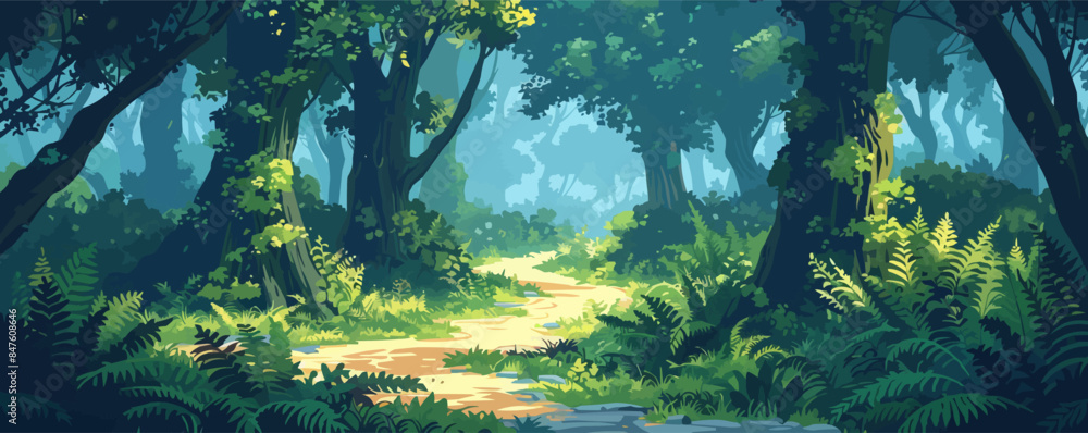 Poster a mystical forest path winding through ancient trees and ferns. vector flat minimalistic isolated il