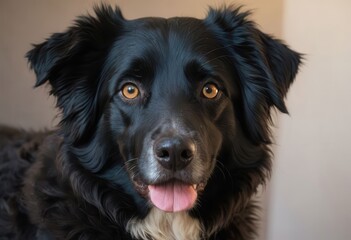 Fototapeta premium Black dog with white chest and pink tongue.