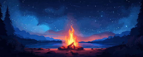 A cozy campfire crackling under a starry night sky. Vector flat minimalistic isolated illustration.