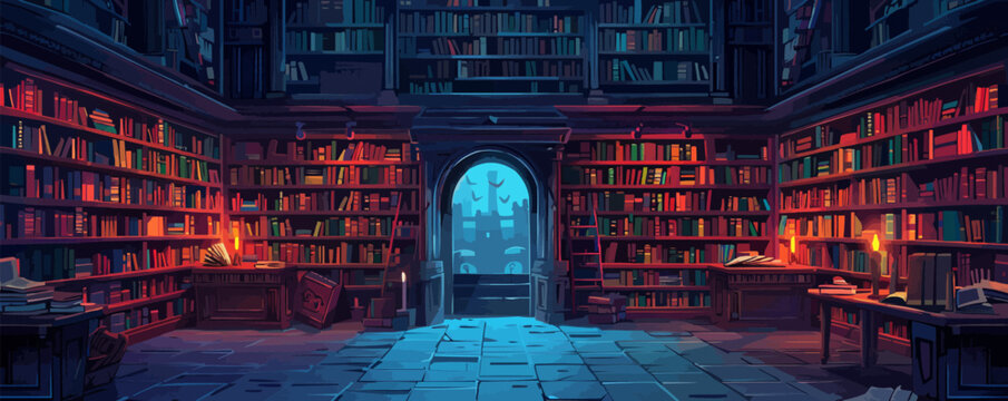 A magical library filled with ancient tomes and spellbooks. Vector flat minimalistic isolated illustration.
