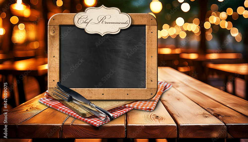 Poster wooden cutting board and empty blackboard with copy space and label with text chef recommends on che