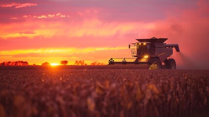 Fototapeta premium Harvesting machine emptying gathered soybeans in field during sundown.