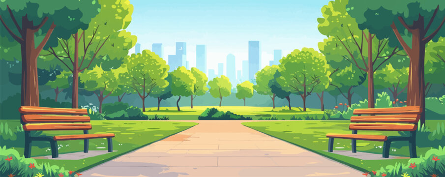 Modern city park with jogging paths and benches Vector flat minimalistic isolated illustration
