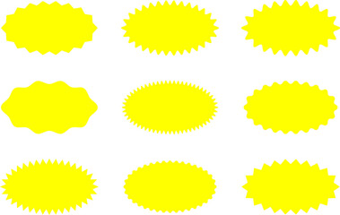 Starburst yellow sticker set - collection of special offer sale oval and round shaped sunburst labels and badges. Promo stickers with star edges. Vector.