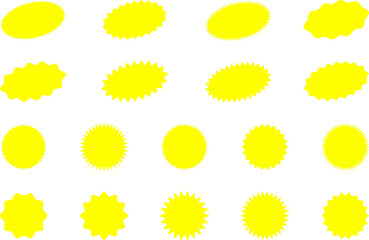 Starburst yellow sticker set - collection of special offer sale oval and round shaped sunburst labels and badges. Promo stickers with star edges. Vector.