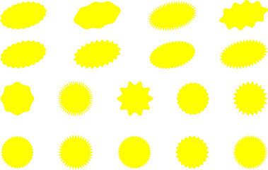 Starburst yellow sticker set - collection of special offer sale oval and round shaped sunburst labels and badges. Promo stickers with star edges. Vector.