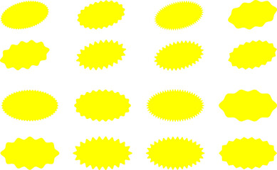 Starburst yellow sticker set - collection of special offer sale oval and round shaped sunburst labels and badges. Promo stickers with star edges. Vector.