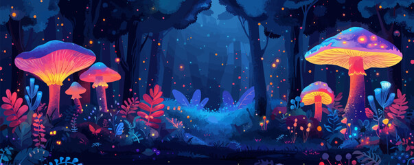 A mystical fairy ring with glowing mushrooms and dancing woodland creatures. Vector flat minimalistic isolated