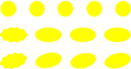 Starburst yellow sticker set - collection of special offer sale oval and round shaped sunburst labels and badges. Promo stickers with star edges. Vector.