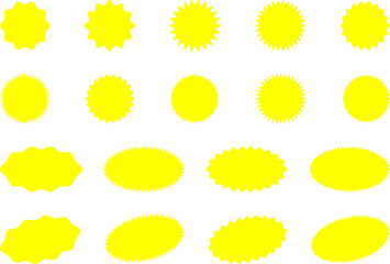 Starburst yellow sticker set - collection of special offer sale oval and round shaped sunburst labels and badges. Promo stickers with star edges. Vector.