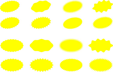 Starburst yellow sticker set - collection of special offer sale oval and round shaped sunburst labels and badges. Promo stickers with star edges. Vector.