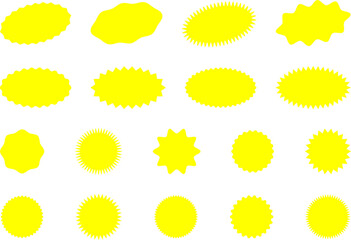 Starburst yellow sticker set - collection of special offer sale oval and round shaped sunburst labels and badges. Promo stickers with star edges. Vector.