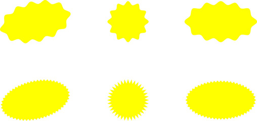 Starburst yellow sticker set - collection of special offer sale oval and round shaped sunburst labels and badges. Promo stickers with star edges. Vector.
