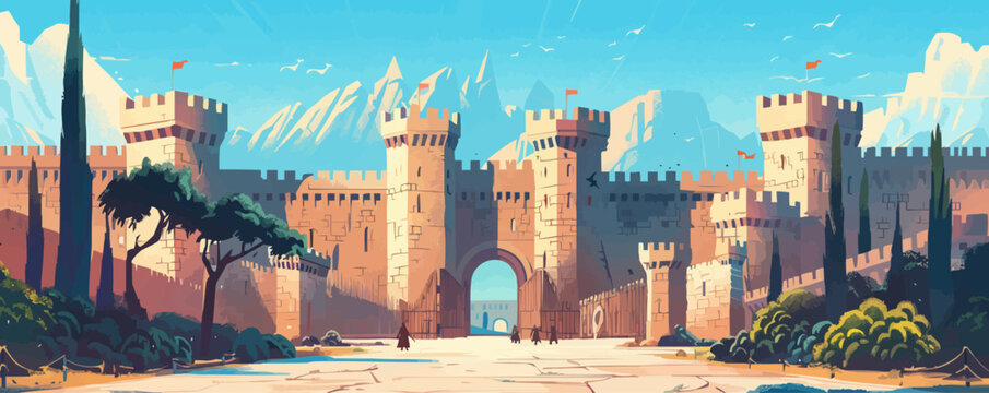 A row of colorful houses along a quaint village street. Vector flat minimalistic isolated illustration.