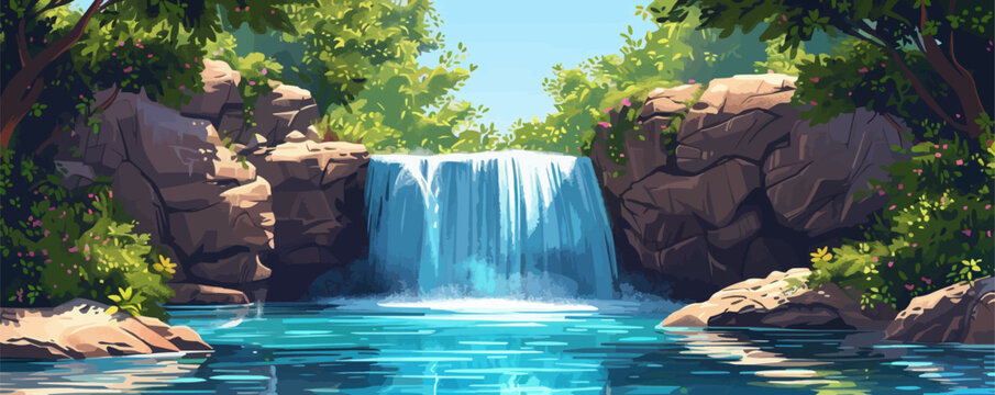 A secluded waterfall cascading into a crystal-clear pool. Vector flat minimalistic isolated illustration.