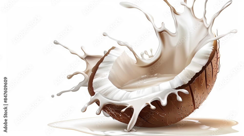 Poster close-up of a fresh coconut with milk splashing out. the milk is splashing in a dynamic, artistic wa