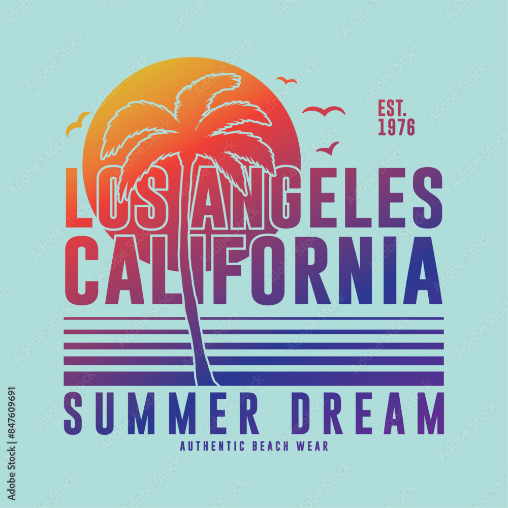 Poster summer concept tee print design as vector with palm tree drawing