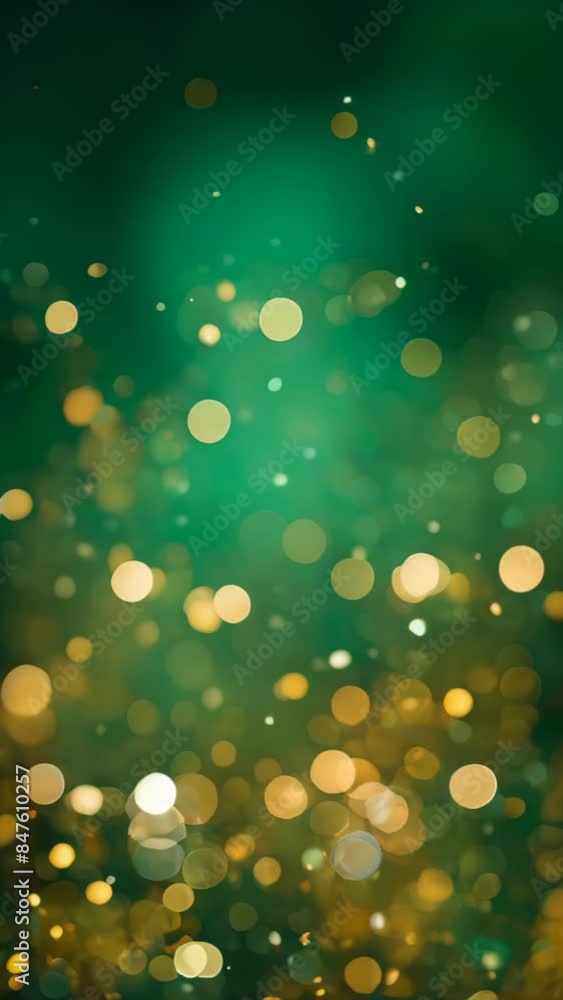 Poster a green background with many small gold circles. the circles are scattered all over the background, 