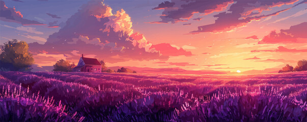 A radiant sunset over a field of lavender with a farmhouse on the horizon. Vector flat minimalistic isolated illustration.