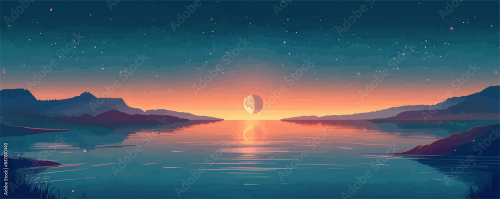 Poster crescent moon casting a soft glow on a tranquil scene. vector flat minimalistic isolated illustratio