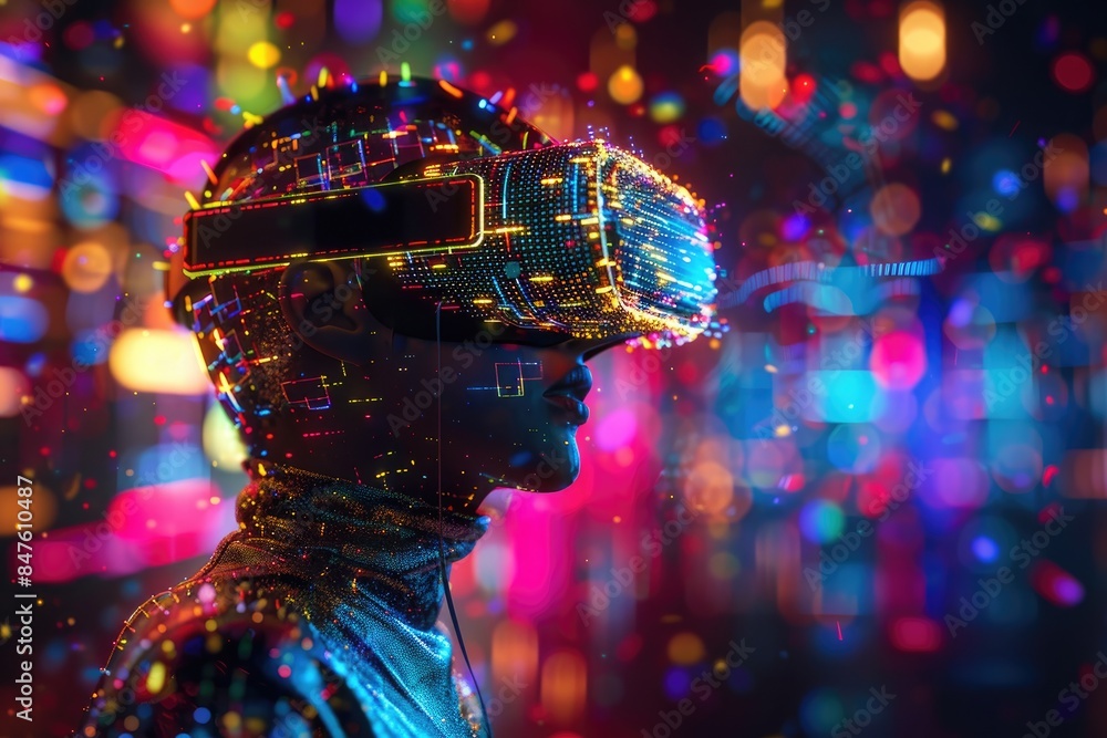 Poster flying to pixels exploring new technologies with vr glasses.