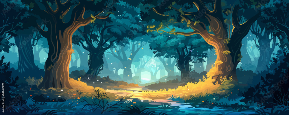 Poster a mystical fairy forest with ancient trees and hidden pathways leading to secret glades. vector flat