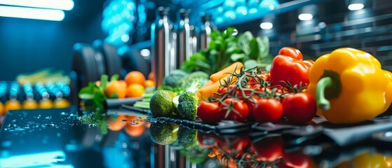 AIpowered nutrition coaches in a hightech fitness center creating personalized meal plans and tracking progress