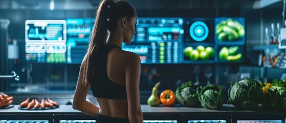 AIpowered nutrition coaches in a hightech fitness center creating personalized meal plans and tracking progress