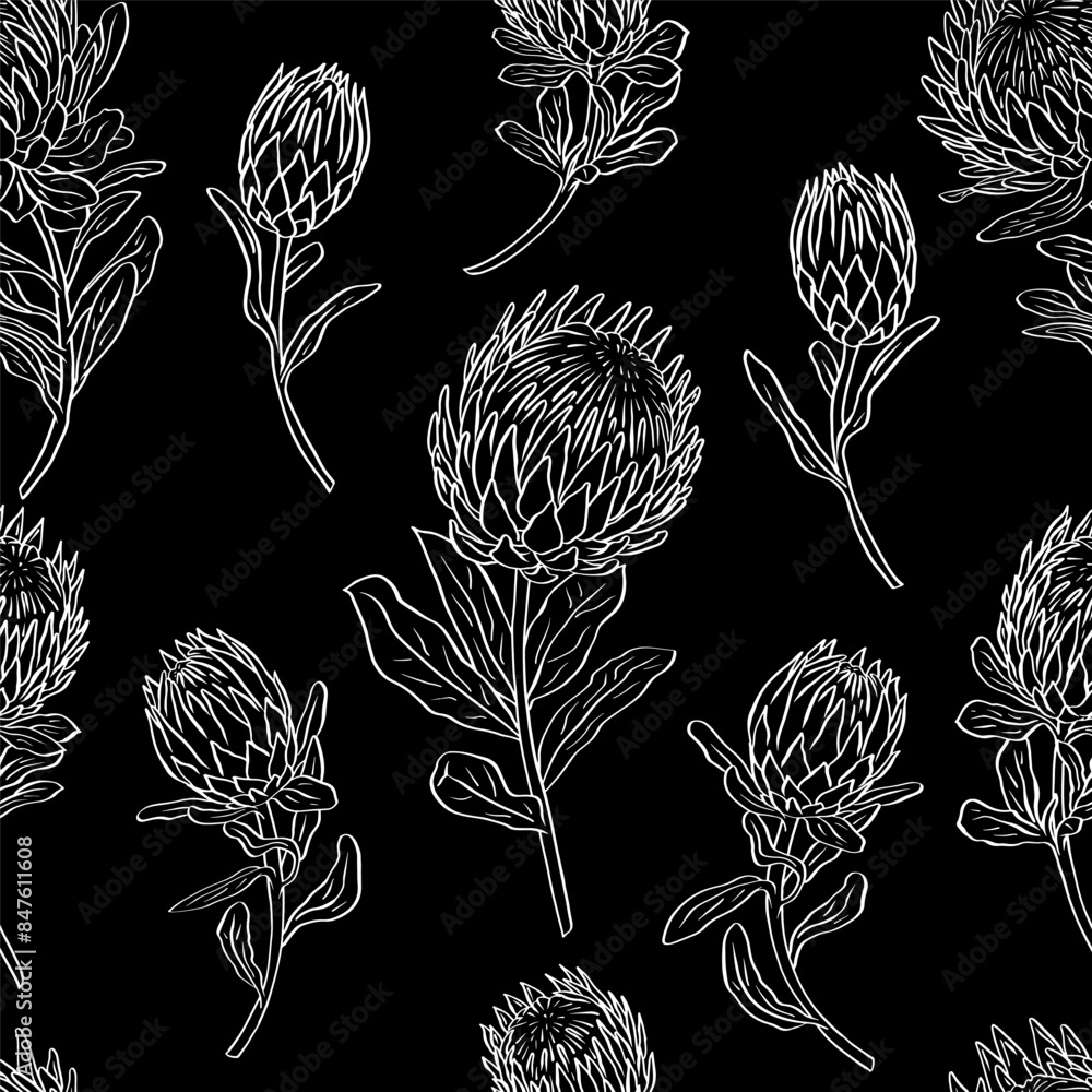 Wall mural Black and white seamless pattern with line art protea flowers. Monochrome tropical floral background. - Wall murals