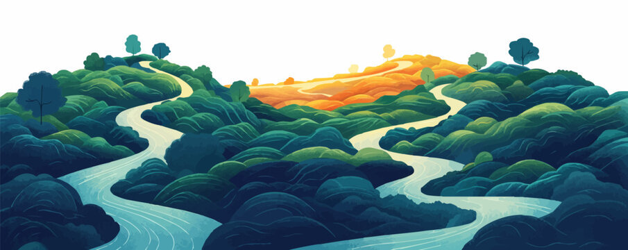 A labyrinth of winding paths, representing life's journey, the choices we make, the challenges we face, and the path to self-discovery on a white background. Vector flat minimalistic isolated