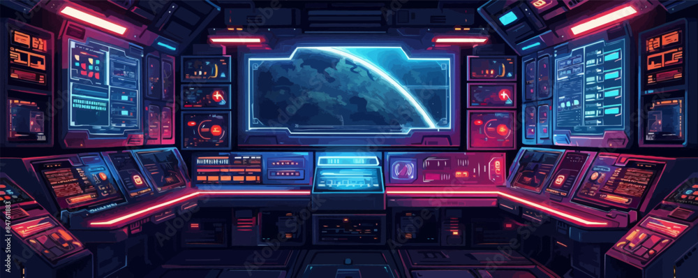 Poster sci-fi spaceship interior with control panels and monitors vector flat minimalistic isolated illustr